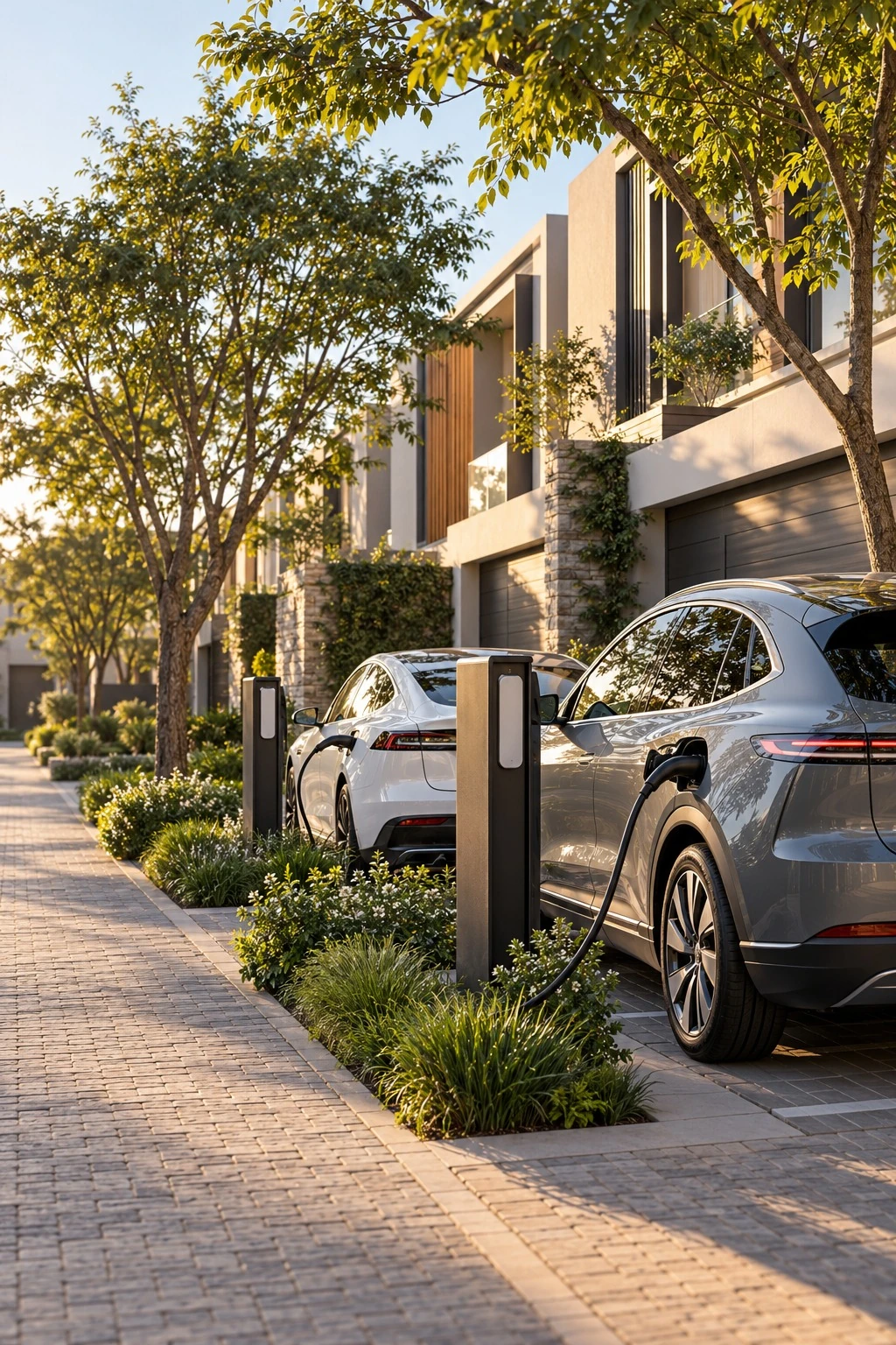 Shared charging points and vehicles outside residential estate homes