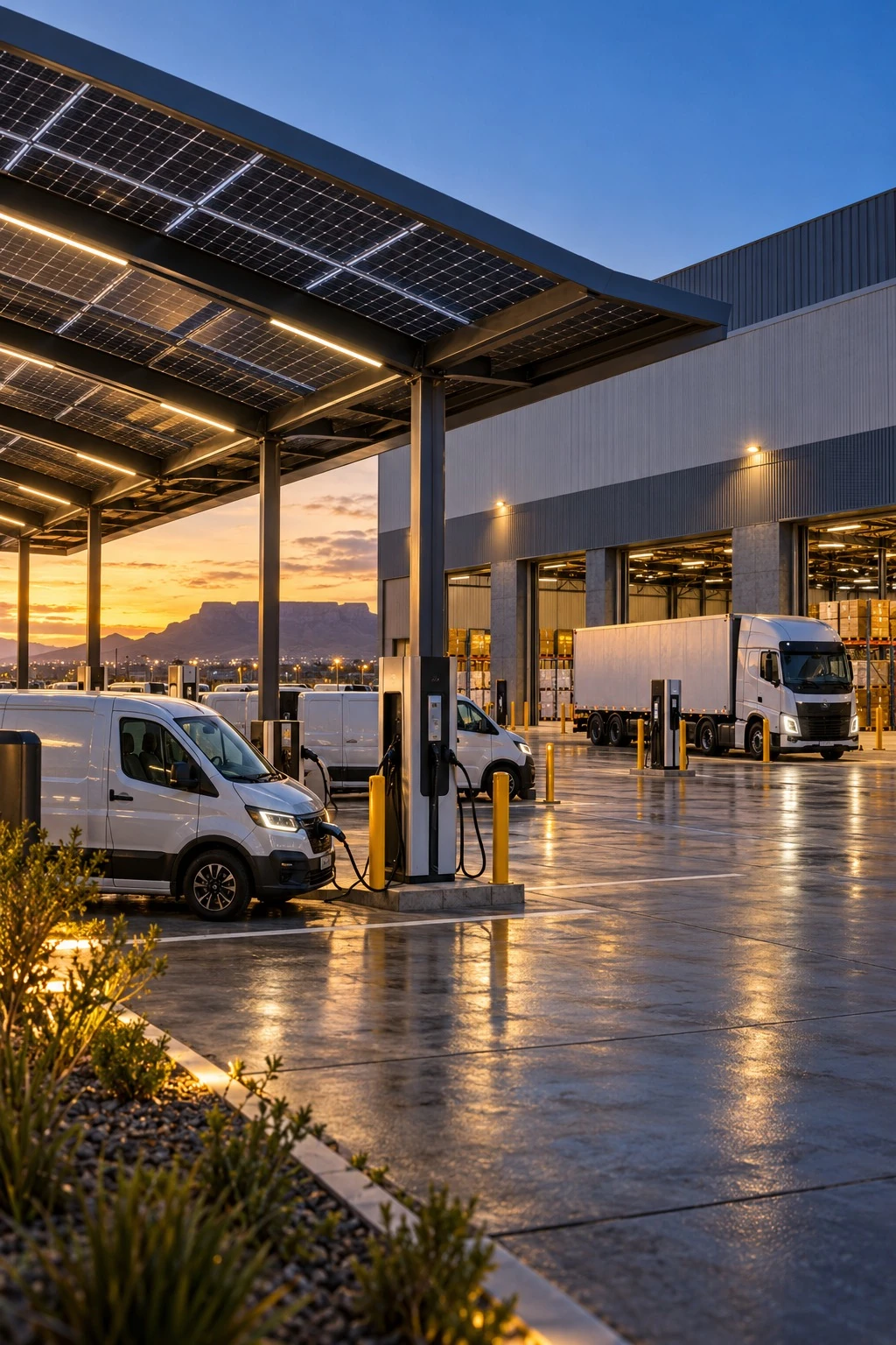 Vans and a truck at a solar-canopy fleet charging facility