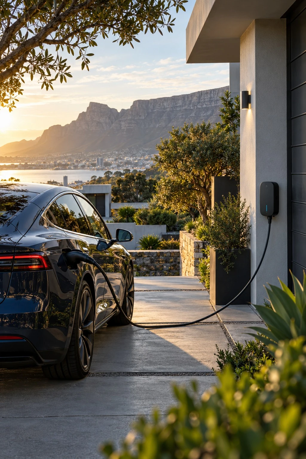 Electric vehicle connected to a wall charger at a South African home