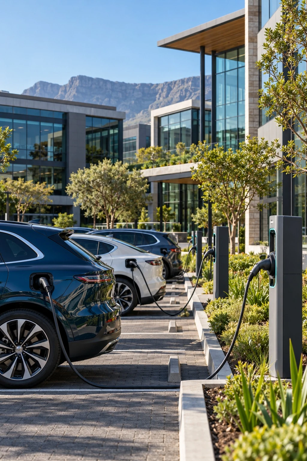 Electric vehicles charging beside a modern office park