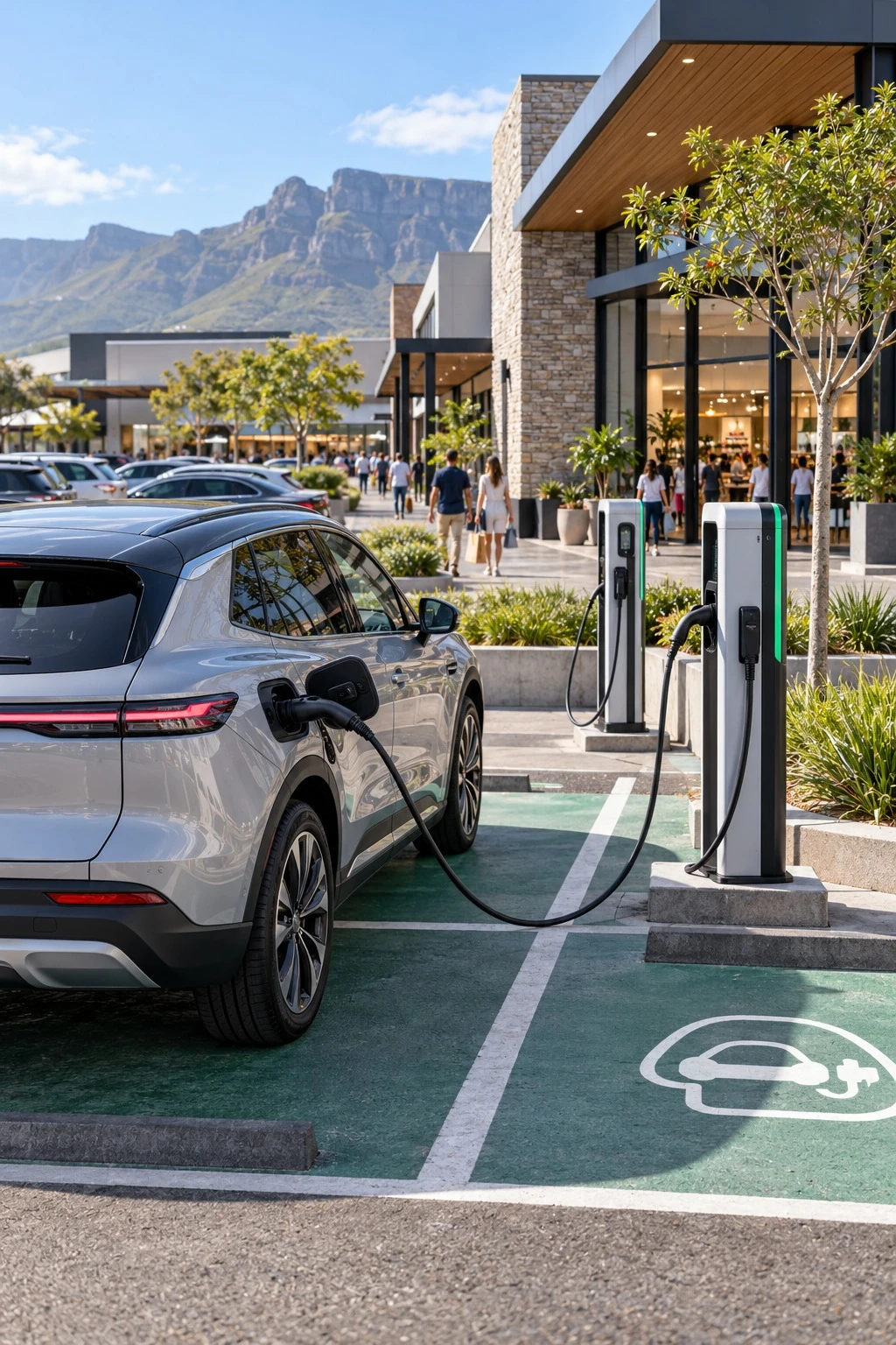 Vehicle connected to a charging point outside a shopping centre